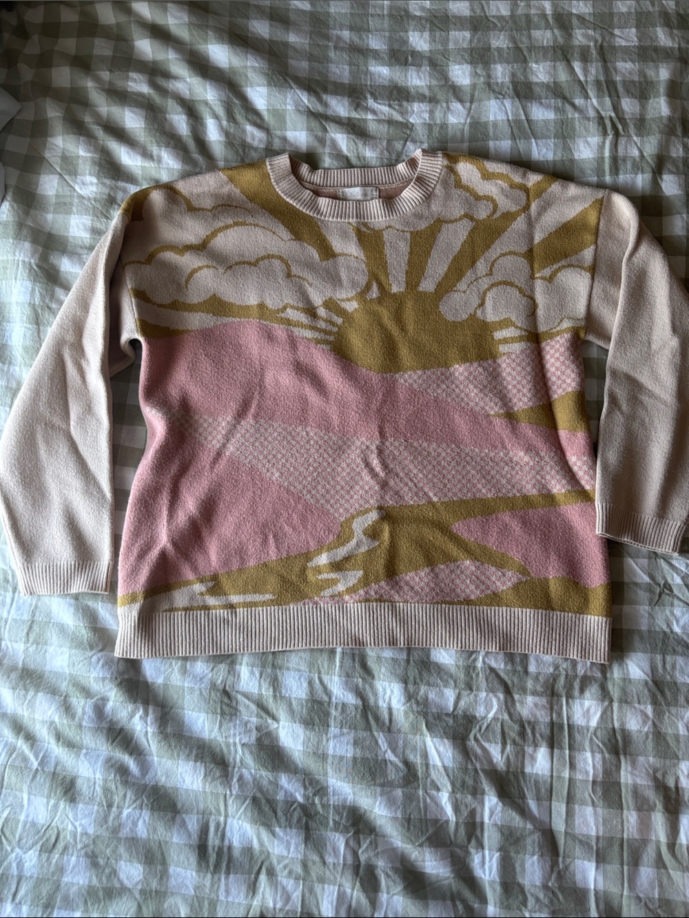 Altar’d State Sunrise Pattern Crewneck Sweater in Pink and Mustard